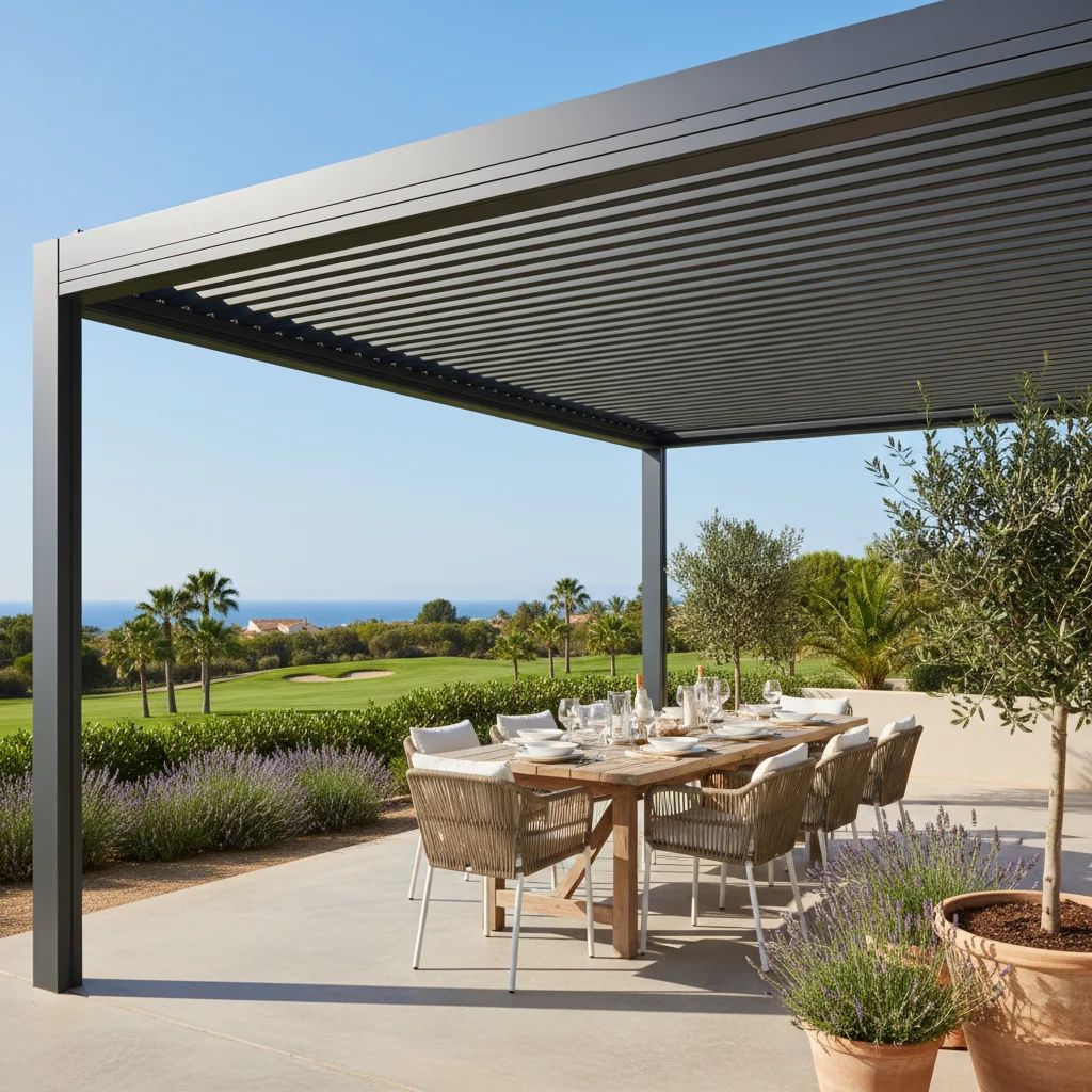 Instalación de pérgolas bioclimáticas en una terraza mediterránea en Los Montesinos, Costa Blanca