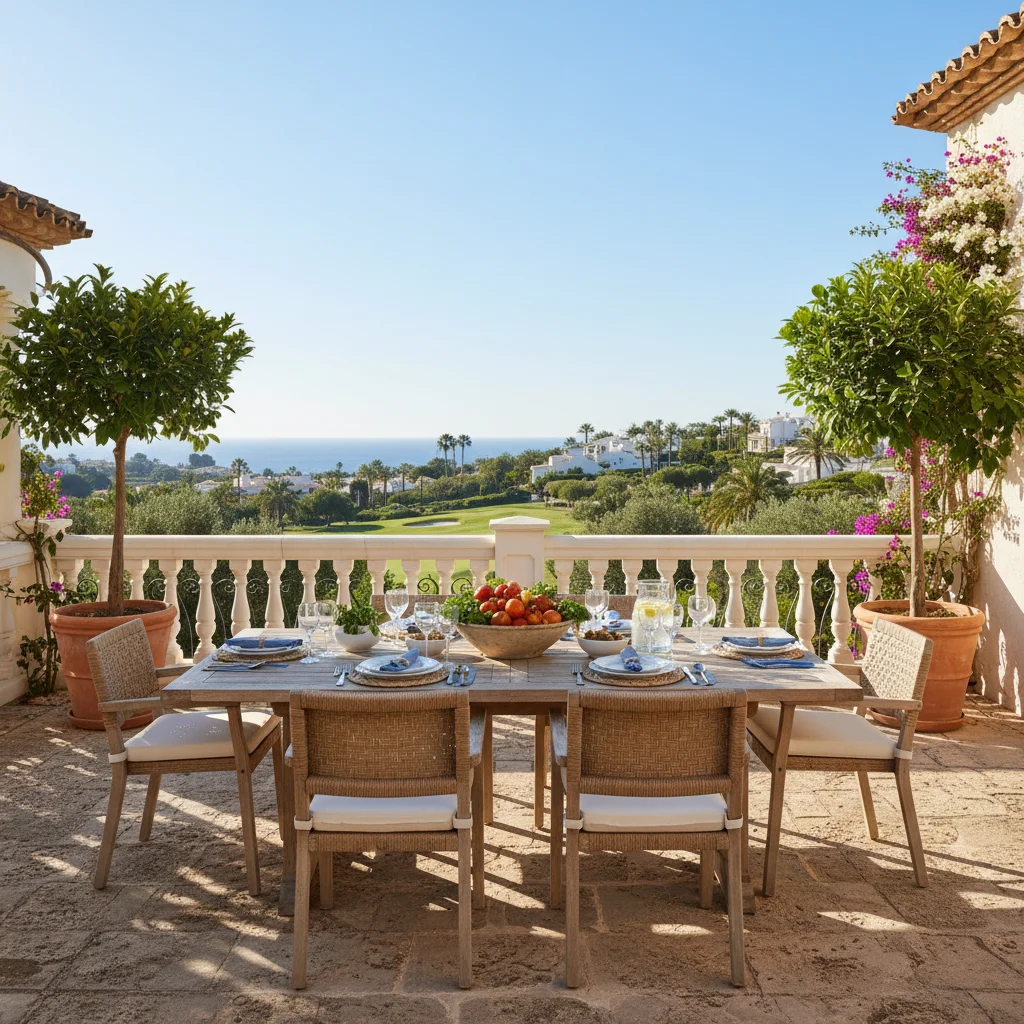 Instalación de conjuntos de comedor exterior en una terraza mediterránea en Los Montesinos, Costa Blanca