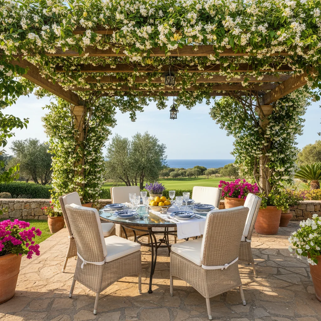 Fixed Pergolas setup on a Mediterranean terrace in Los Montesinos, Costa Blanca