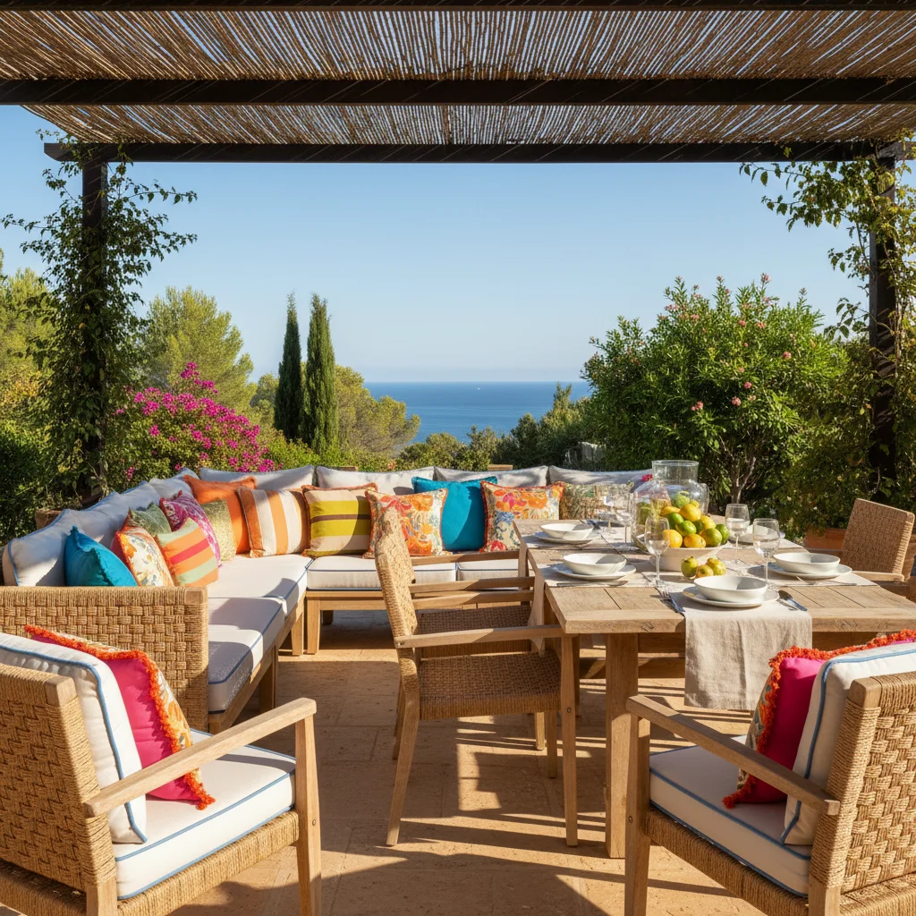 Outdoor-Kissen & Textilien-Einrichtung auf einer mediterranen Terrasse in Los Montesinos, Costa Blanca