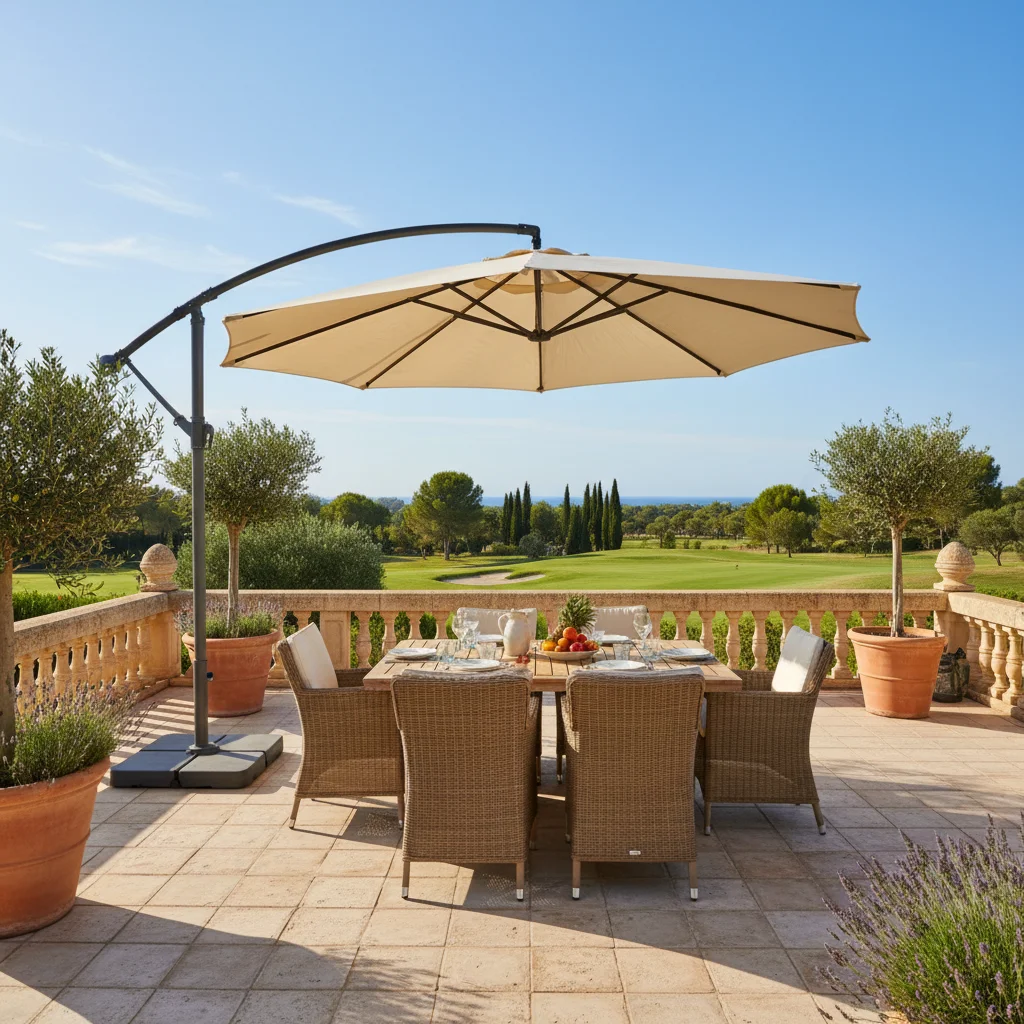 Instalación de sombrillas y parasoles en una terraza mediterránea en Los Montesinos, Costa Blanca