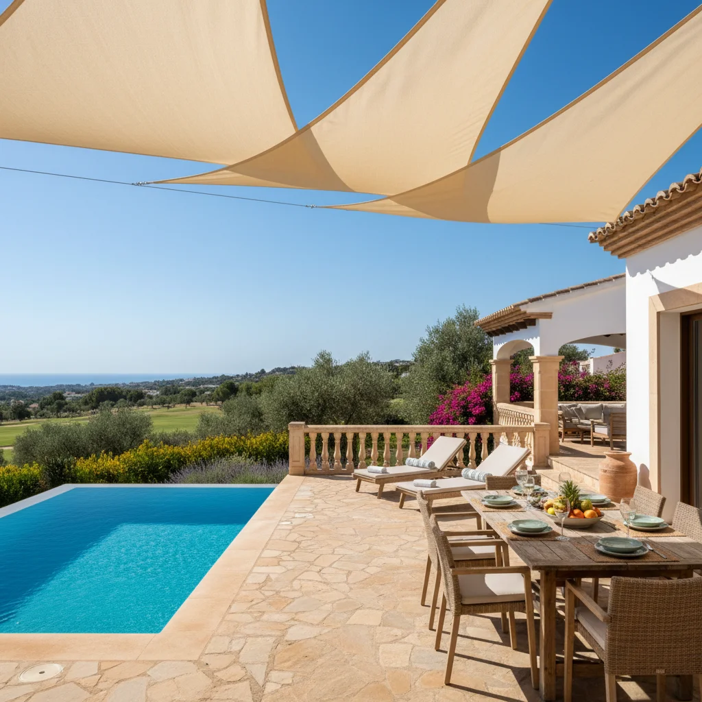 Instalación de velas de sombra en una terraza mediterránea en Los Montesinos, Costa Blanca