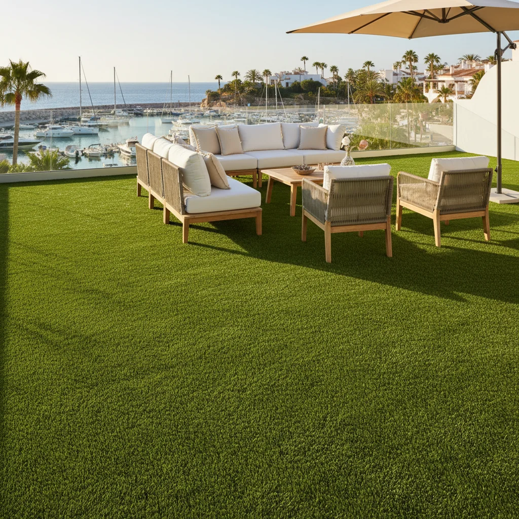 Instalación de césped artificial y paisajismo en una terraza mediterránea en Moraira, Costa Blanca