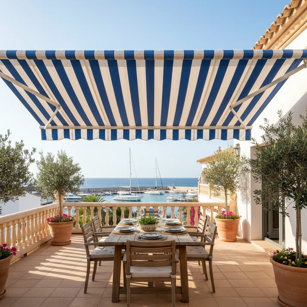 Instalación de toldos en una terraza mediterránea en Moraira, Costa Blanca
