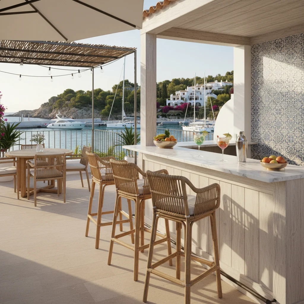 Instalación de muebles de bar exterior en una terraza mediterránea en Moraira, Costa Blanca