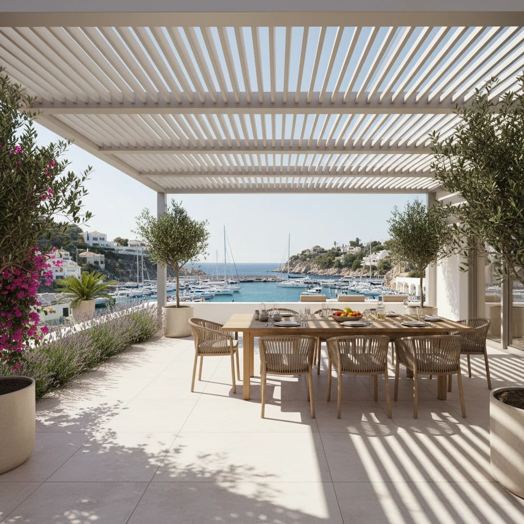 Instalación de pérgolas bioclimáticas en una terraza mediterránea en Moraira, Costa Blanca