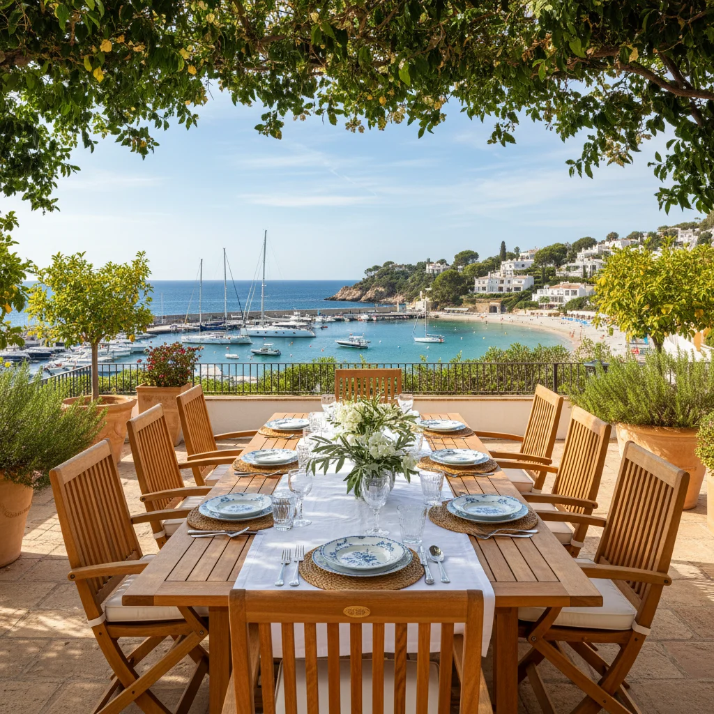 Instalación de conjuntos de comedor exterior en una terraza mediterránea en Moraira, Costa Blanca