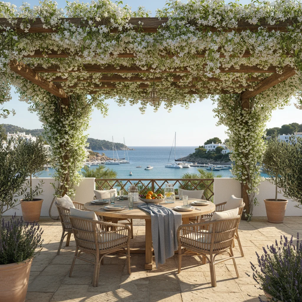 Fixed Pergolas setup on a Mediterranean terrace in Moraira, Costa Blanca