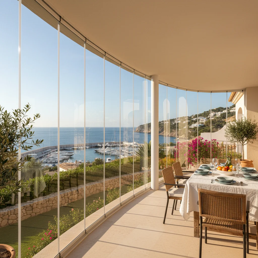 Instalación de cortinas de cristal en una terraza mediterránea en Moraira, Costa Blanca