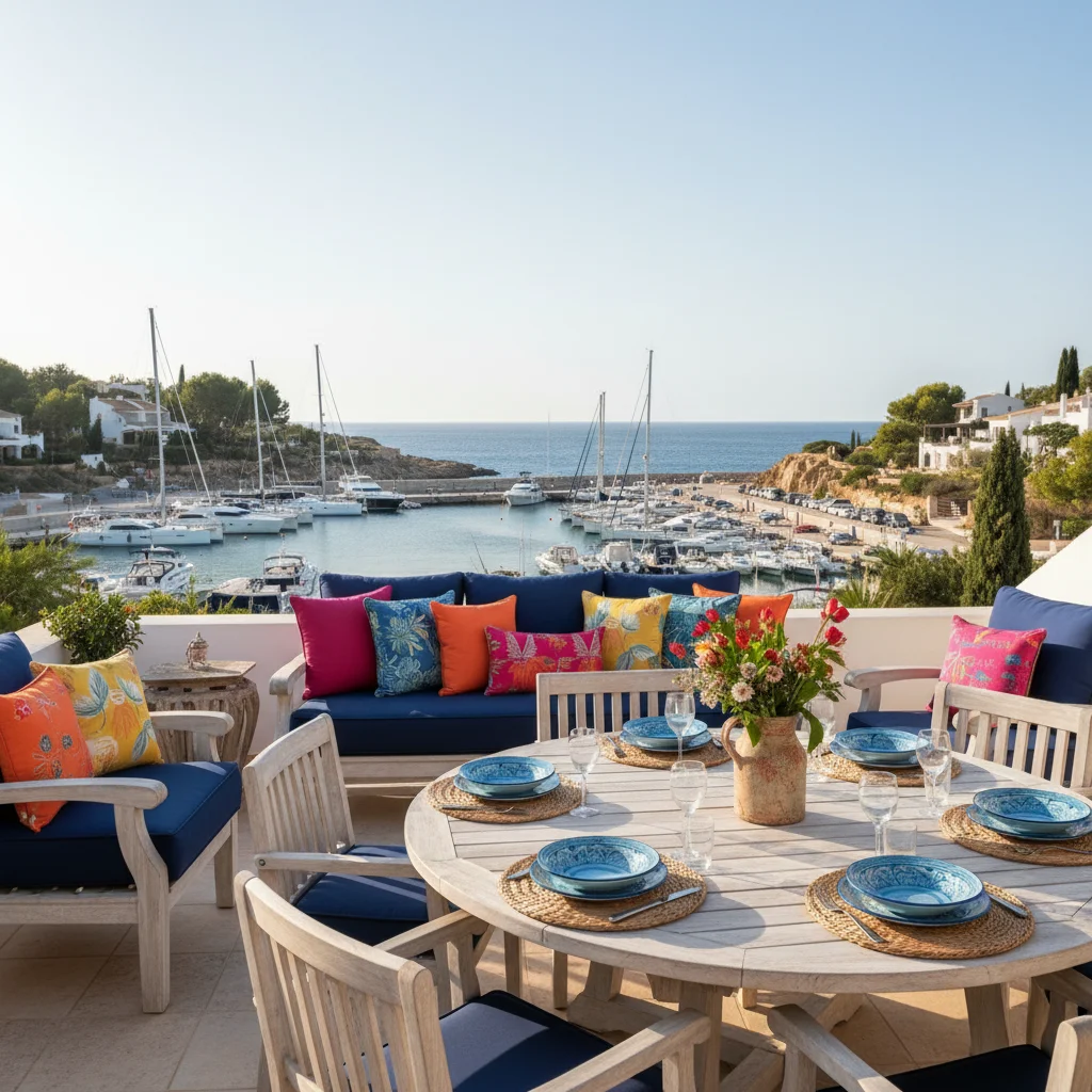 Outdoor-Kissen & Textilien-Einrichtung auf einer mediterranen Terrasse in Moraira, Costa Blanca