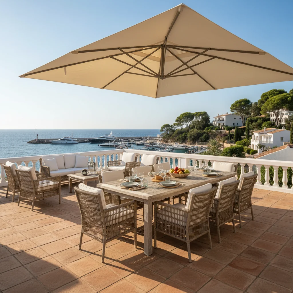 Instalación de sombrillas y parasoles en una terraza mediterránea en Moraira, Costa Blanca