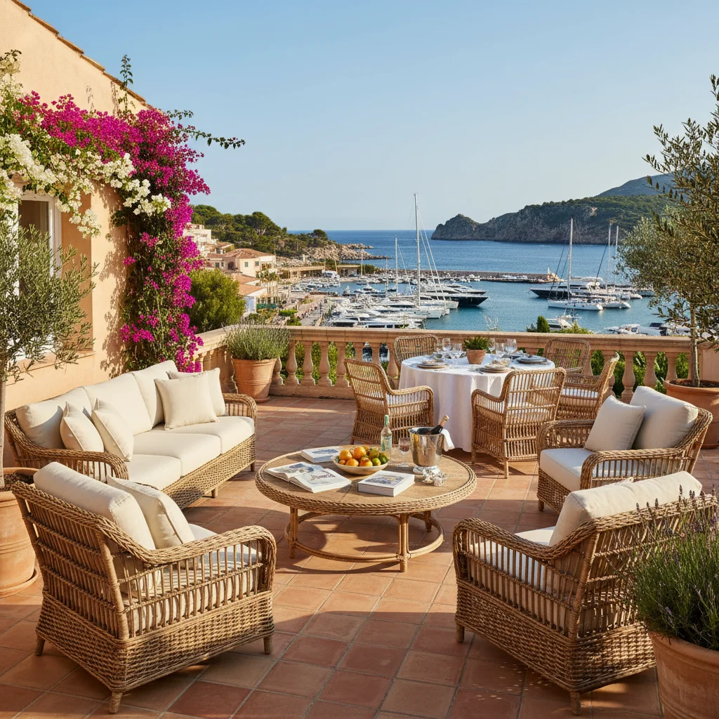 Instalación de conjuntos lounge de ratán en una terraza mediterránea en Moraira, Costa Blanca
