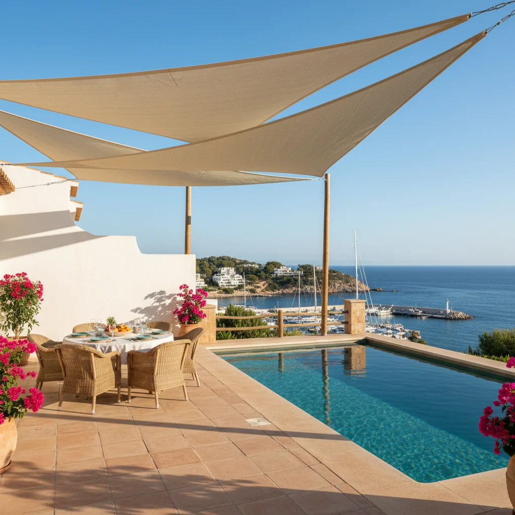 Instalación de velas de sombra en una terraza mediterránea en Moraira, Costa Blanca