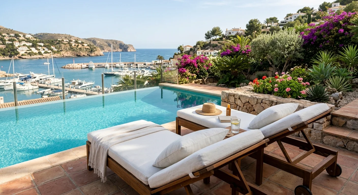 Sun Loungers & Daybeds setup on a Mediterranean terrace in Moraira, Costa Blanca