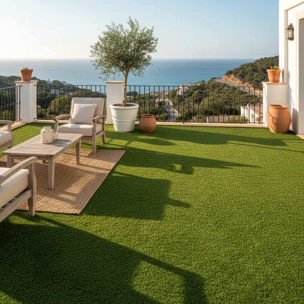 Instalación de césped artificial y paisajismo en una terraza mediterránea en Ondara, Costa Blanca