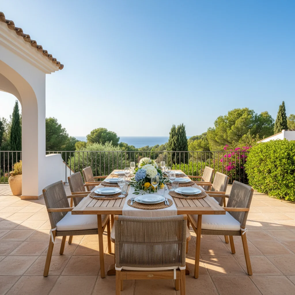 Instalación de conjuntos de comedor exterior en una terraza mediterránea en Ondara, Costa Blanca