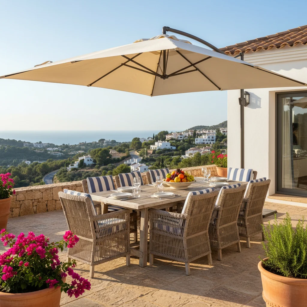 Instalación de sombrillas y parasoles en una terraza mediterránea en Ondara, Costa Blanca