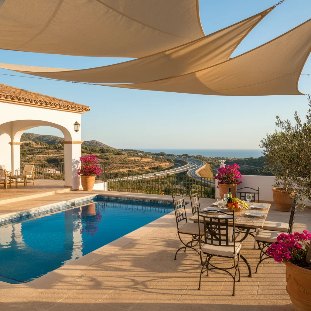 Instalación de velas de sombra en una terraza mediterránea en Ondara, Costa Blanca