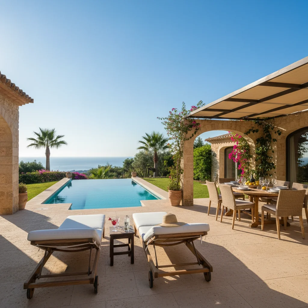 Instalación de tumbonas y daybeds en una terraza mediterránea en Ondara, Costa Blanca