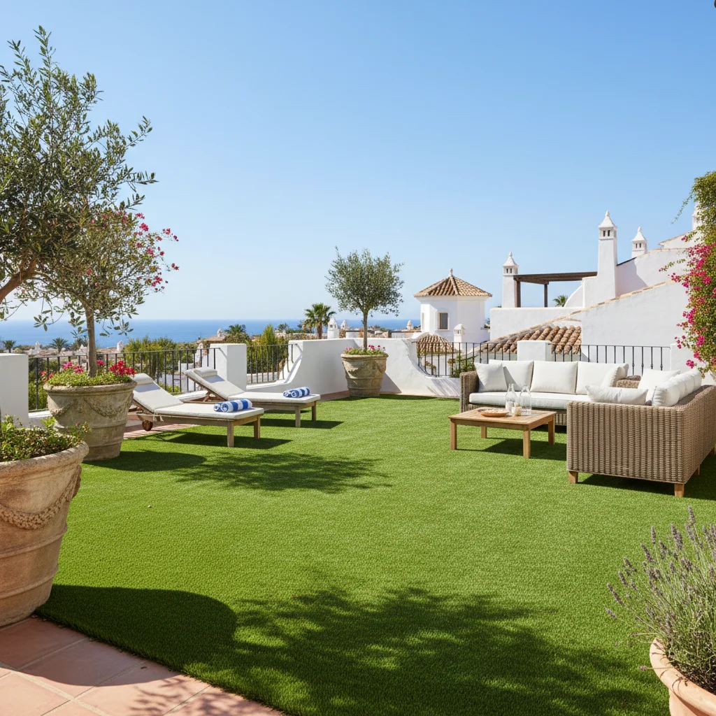 Instalación de césped artificial y paisajismo en una terraza mediterránea en Orihuela Costa, Costa Blanca