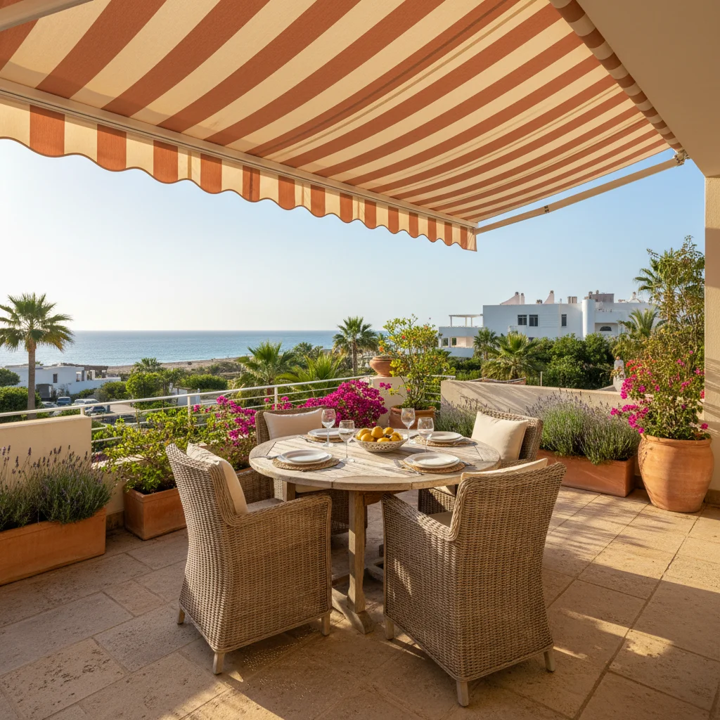 Instalación de toldos en una terraza mediterránea en Orihuela Costa, Costa Blanca