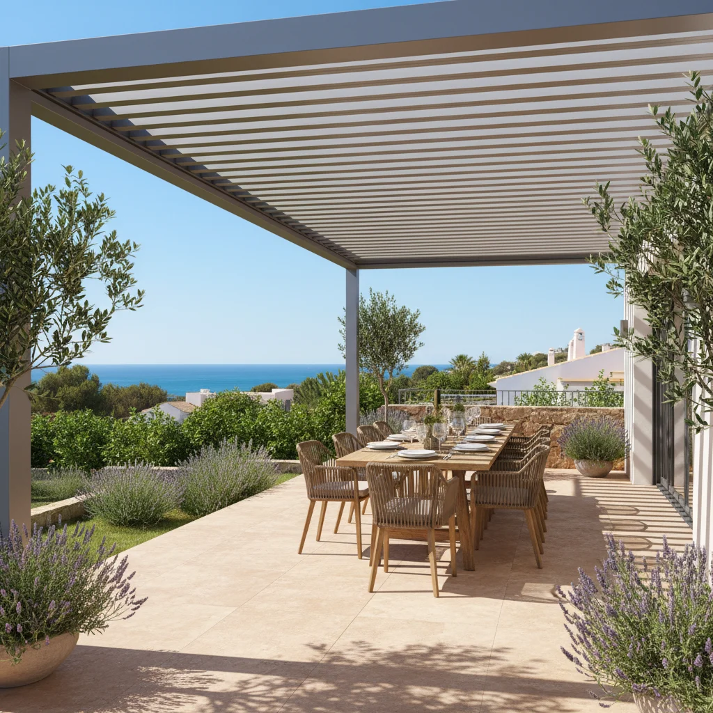 Instalación de pérgolas bioclimáticas en una terraza mediterránea en Orihuela Costa, Costa Blanca