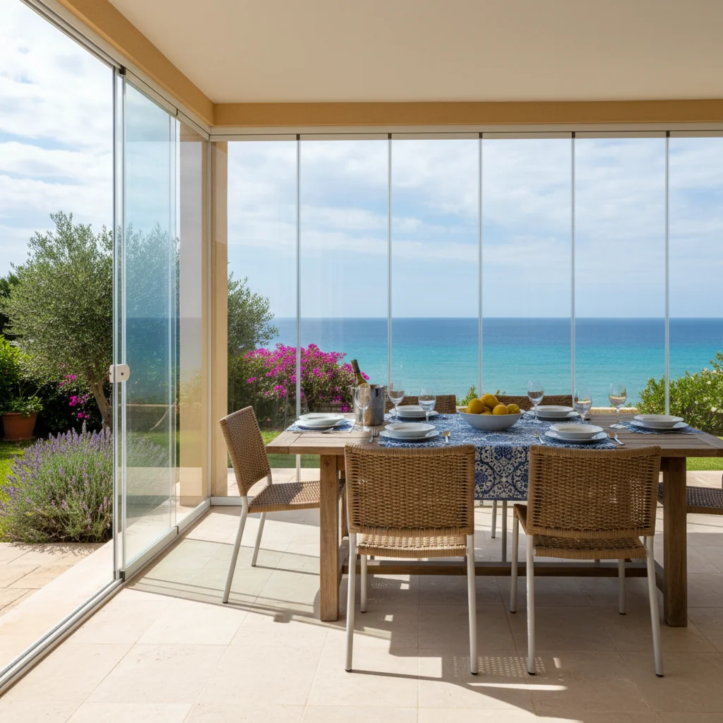 Instalación de cortinas de cristal en una terraza mediterránea en Orihuela Costa, Costa Blanca