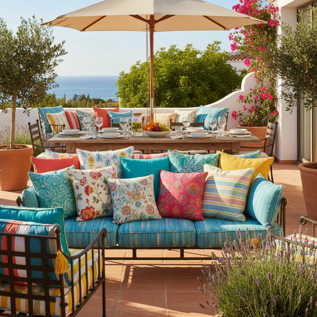 Outdoor-Kissen & Textilien-Einrichtung auf einer mediterranen Terrasse in Orihuela Costa, Costa Blanca