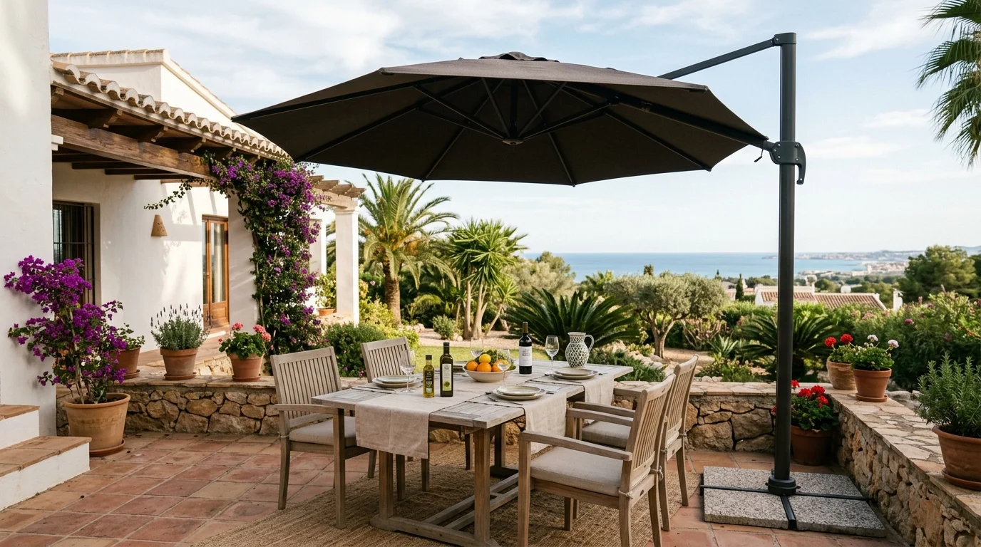 Instalación de sombrillas y parasoles en una terraza mediterránea en Orihuela Costa, Costa Blanca