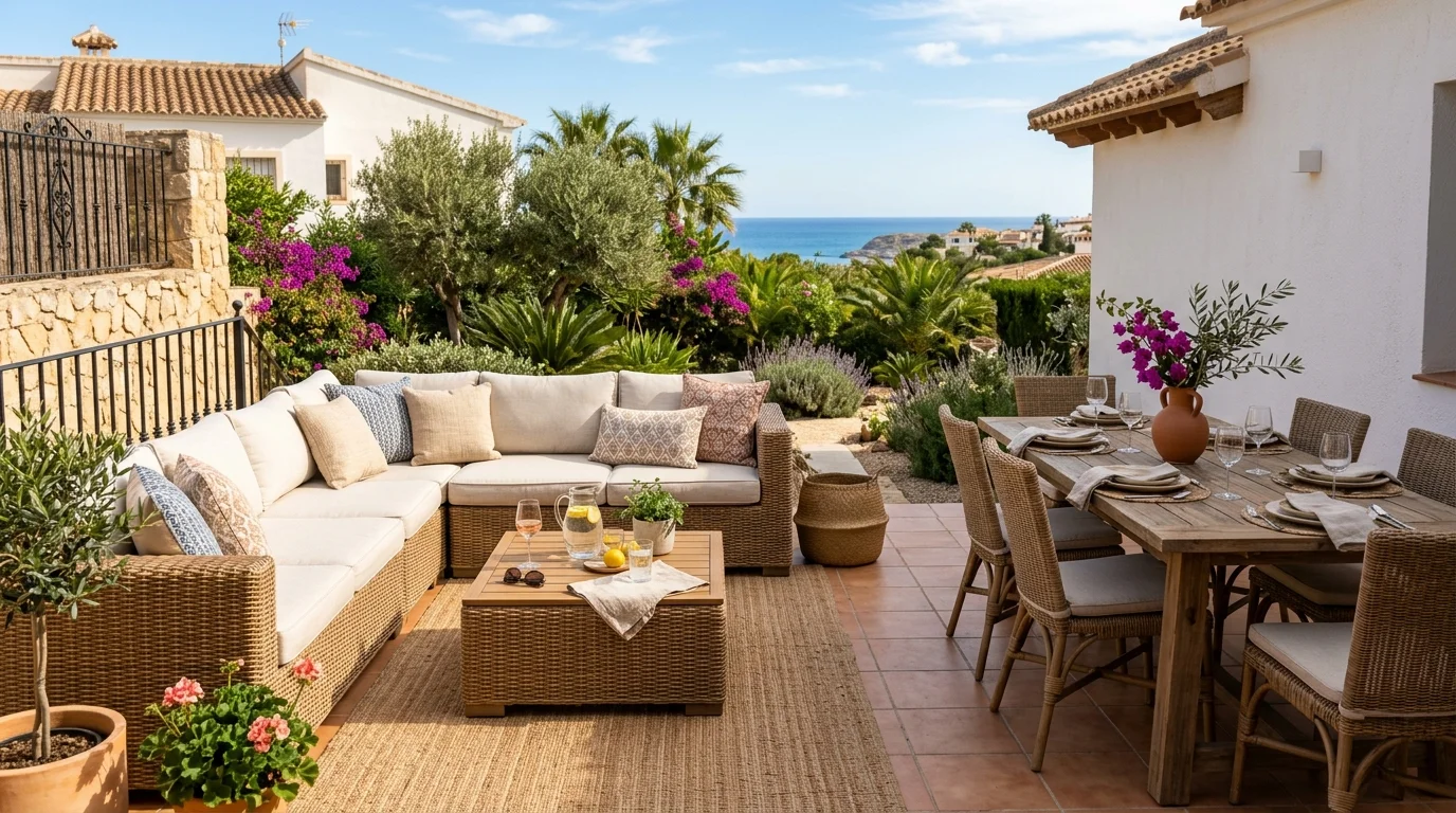 Instalación de conjuntos lounge de ratán en una terraza mediterránea en Orihuela Costa, Costa Blanca