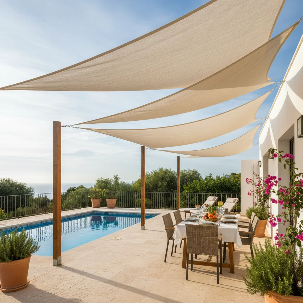 Instalación de velas de sombra en una terraza mediterránea en Orihuela Costa, Costa Blanca