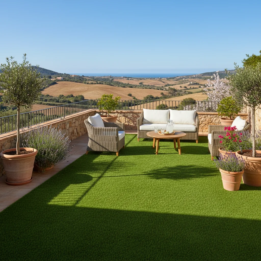 Instalación de césped artificial y paisajismo en una terraza mediterránea en Pedreguer, Costa Blanca