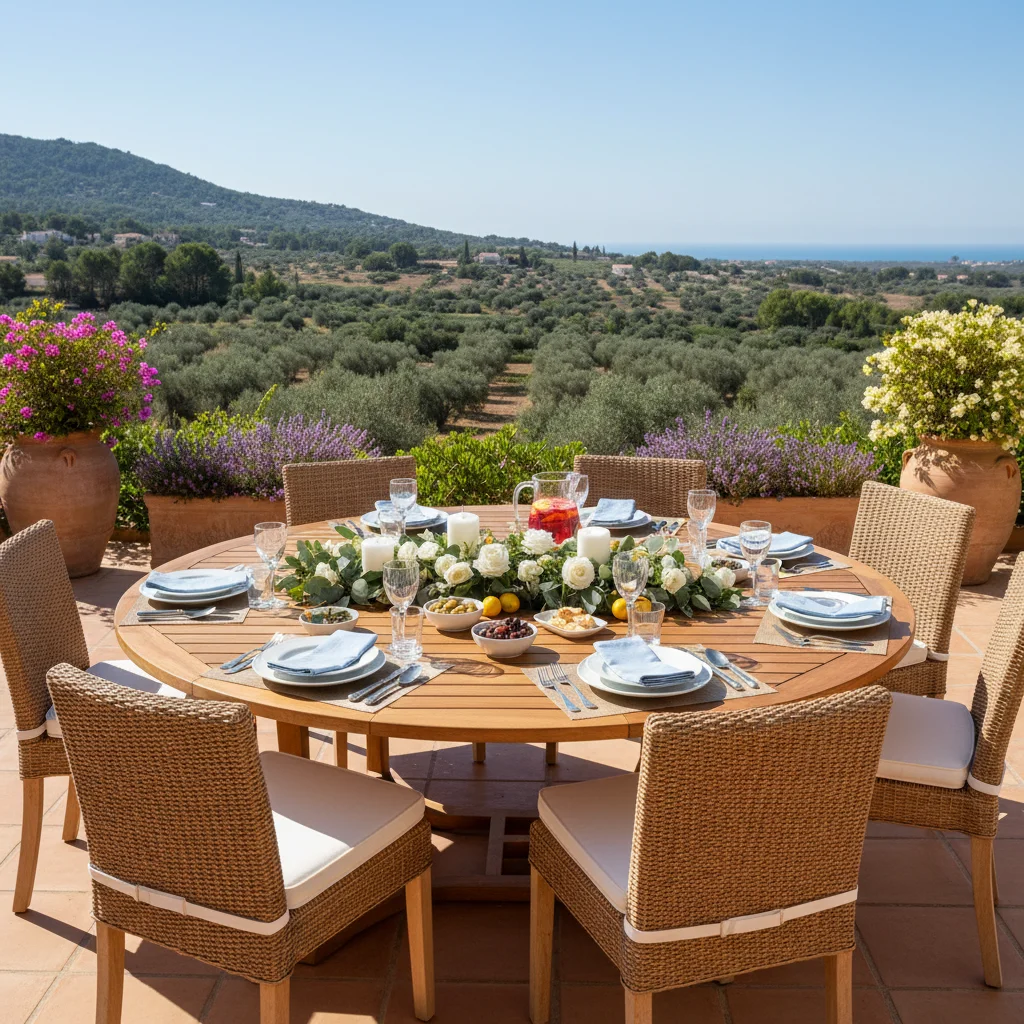 Instalación de conjuntos de comedor exterior en una terraza mediterránea en Pedreguer, Costa Blanca