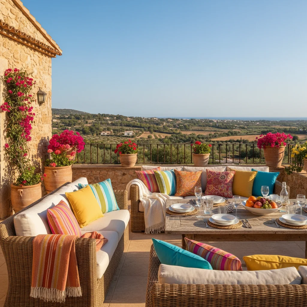 Outdoor-Kissen & Textilien-Einrichtung auf einer mediterranen Terrasse in Pedreguer, Costa Blanca