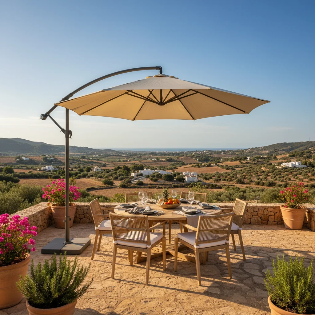Instalación de sombrillas y parasoles en una terraza mediterránea en Pedreguer, Costa Blanca
