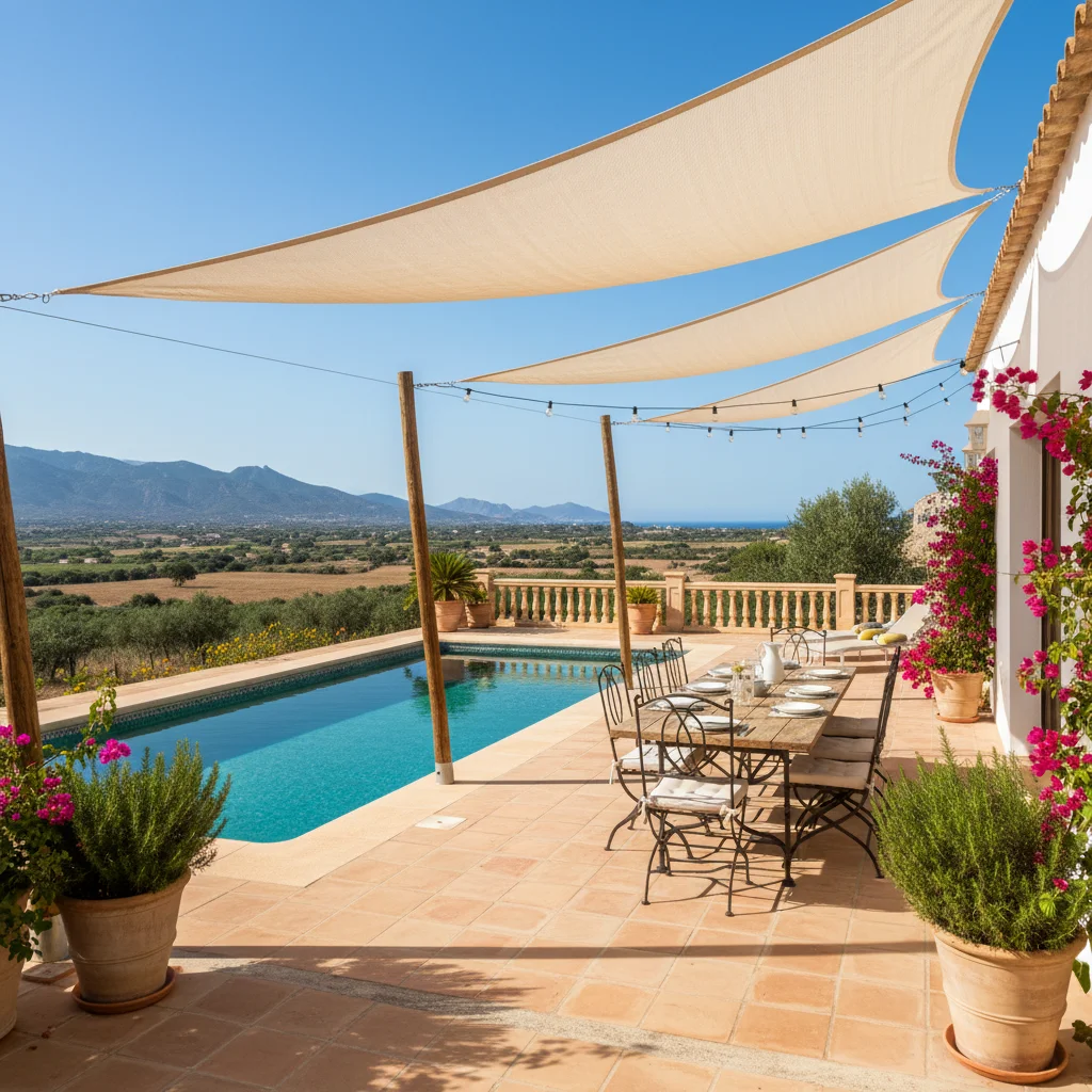 Instalación de velas de sombra en una terraza mediterránea en Pedreguer, Costa Blanca