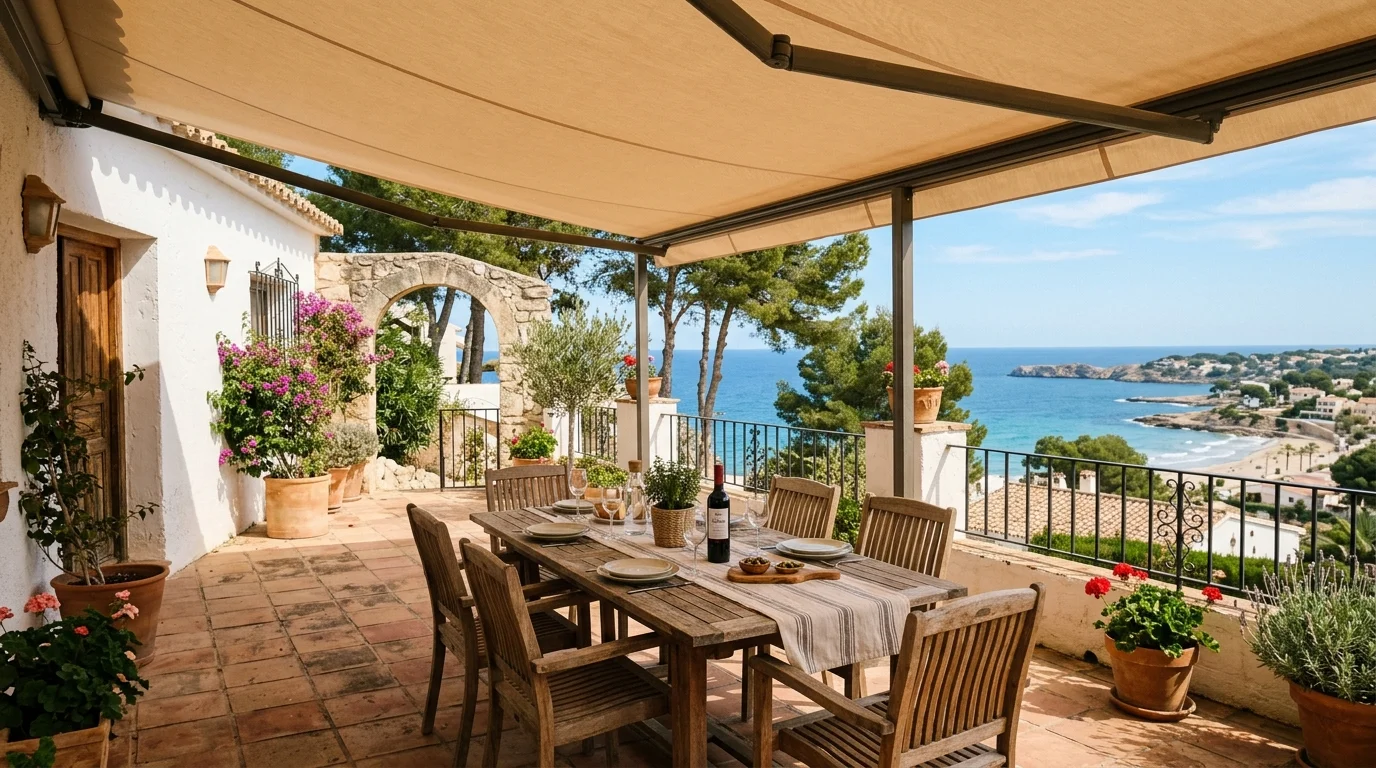 Instalación de toldos en una terraza mediterránea en Pilar de la Horadada, Costa Blanca
