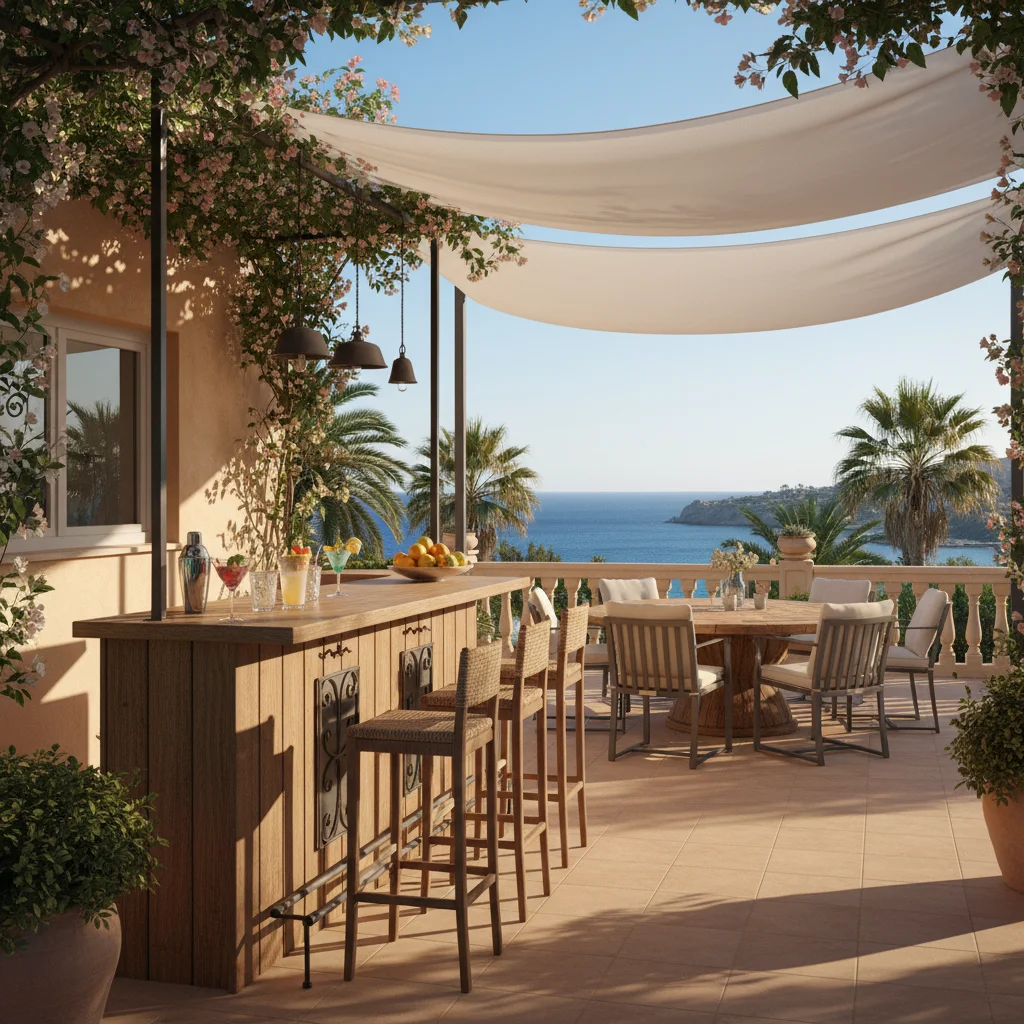 Instalación de muebles de bar exterior en una terraza mediterránea en Pilar de la Horadada, Costa Blanca