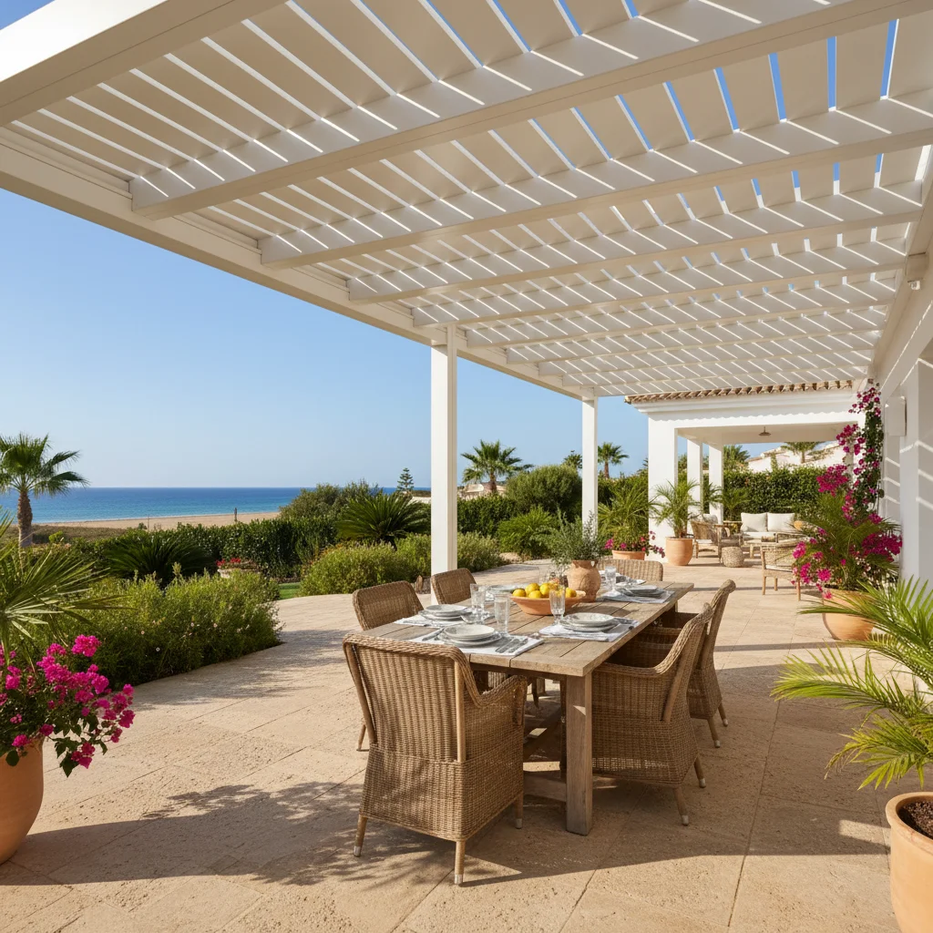 Instalación de pérgolas bioclimáticas en una terraza mediterránea en Pilar de la Horadada, Costa Blanca
