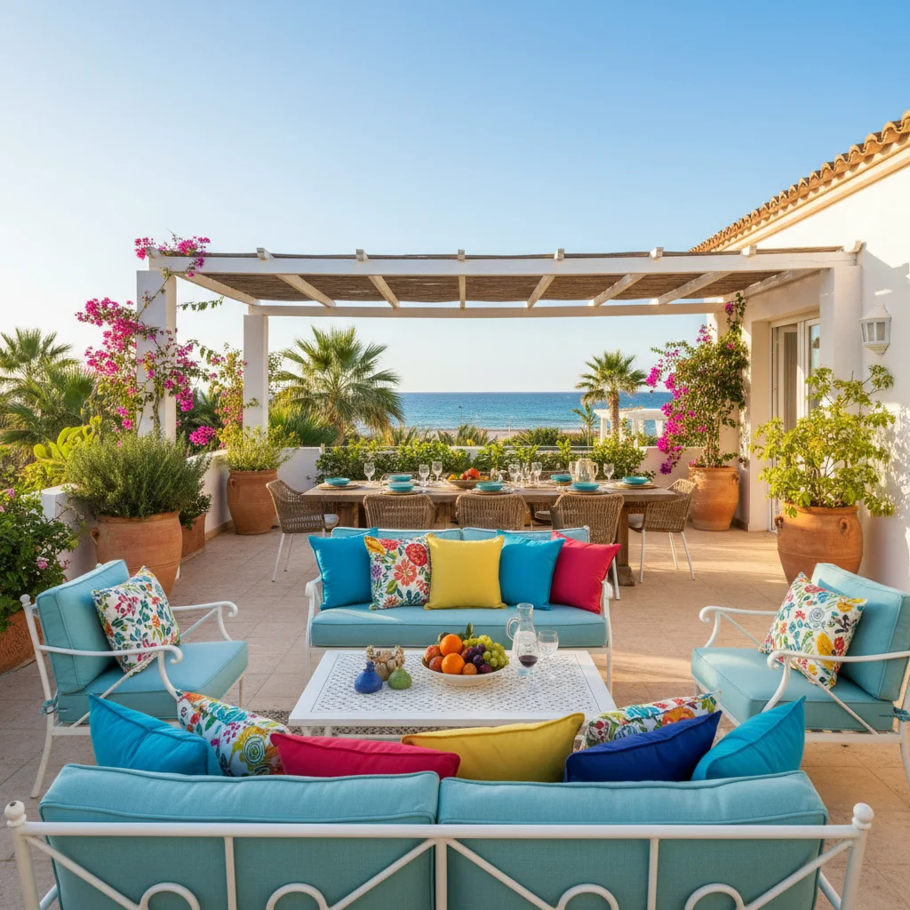 Outdoor-Kissen & Textilien-Einrichtung auf einer mediterranen Terrasse in Pilar de la Horadada, Costa Blanca