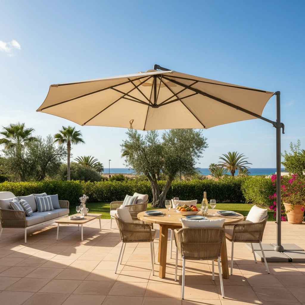 Instalación de sombrillas y parasoles en una terraza mediterránea en Pilar de la Horadada, Costa Blanca