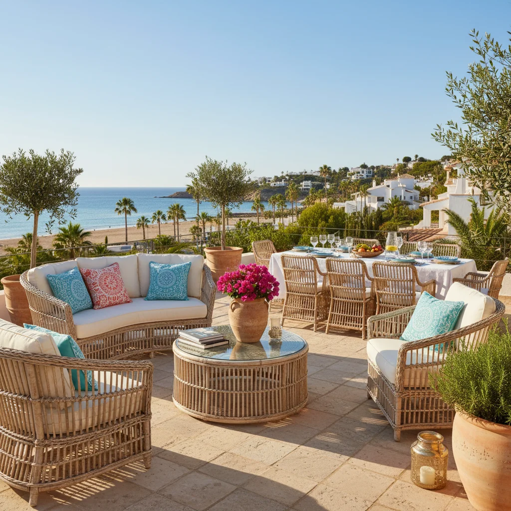 Instalación de conjuntos lounge de ratán en una terraza mediterránea en Pilar de la Horadada, Costa Blanca
