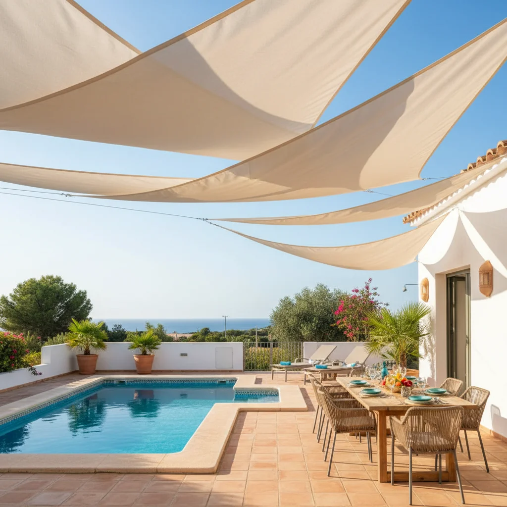 Instalación de velas de sombra en una terraza mediterránea en Pilar de la Horadada, Costa Blanca