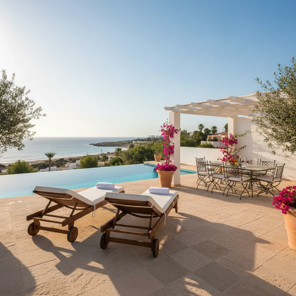 Sun Loungers & Daybeds setup on a Mediterranean terrace in Pilar de la Horadada, Costa Blanca