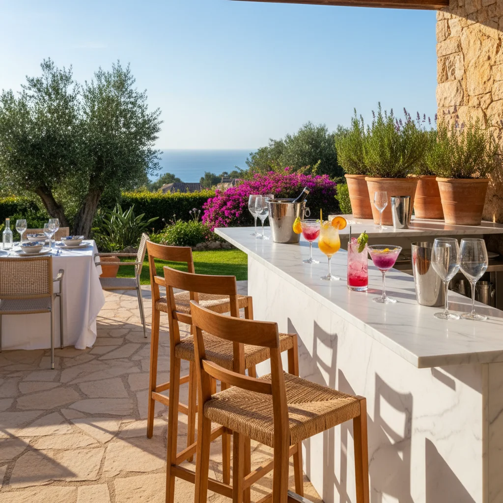 Instalación de muebles de bar exterior en una terraza mediterránea en Rojales, Costa Blanca