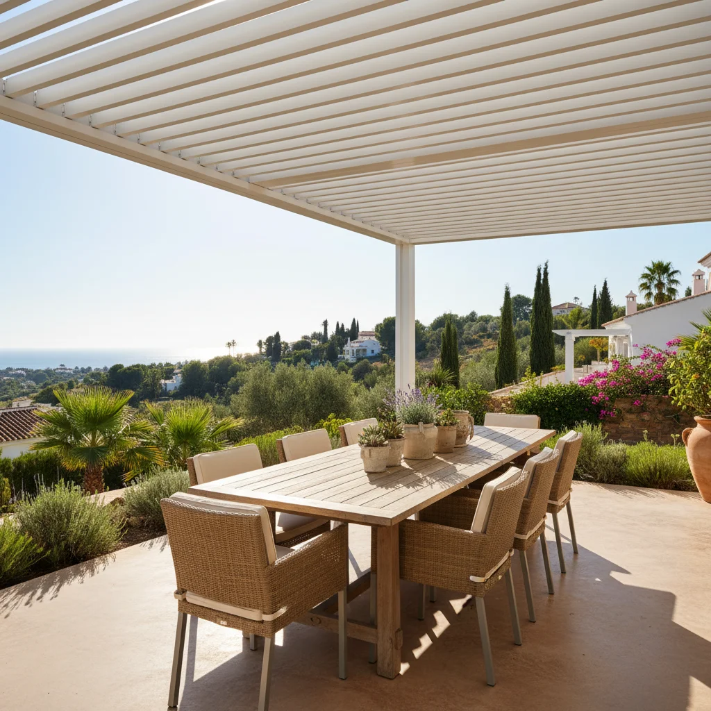 Instalación de pérgolas bioclimáticas en una terraza mediterránea en Rojales, Costa Blanca