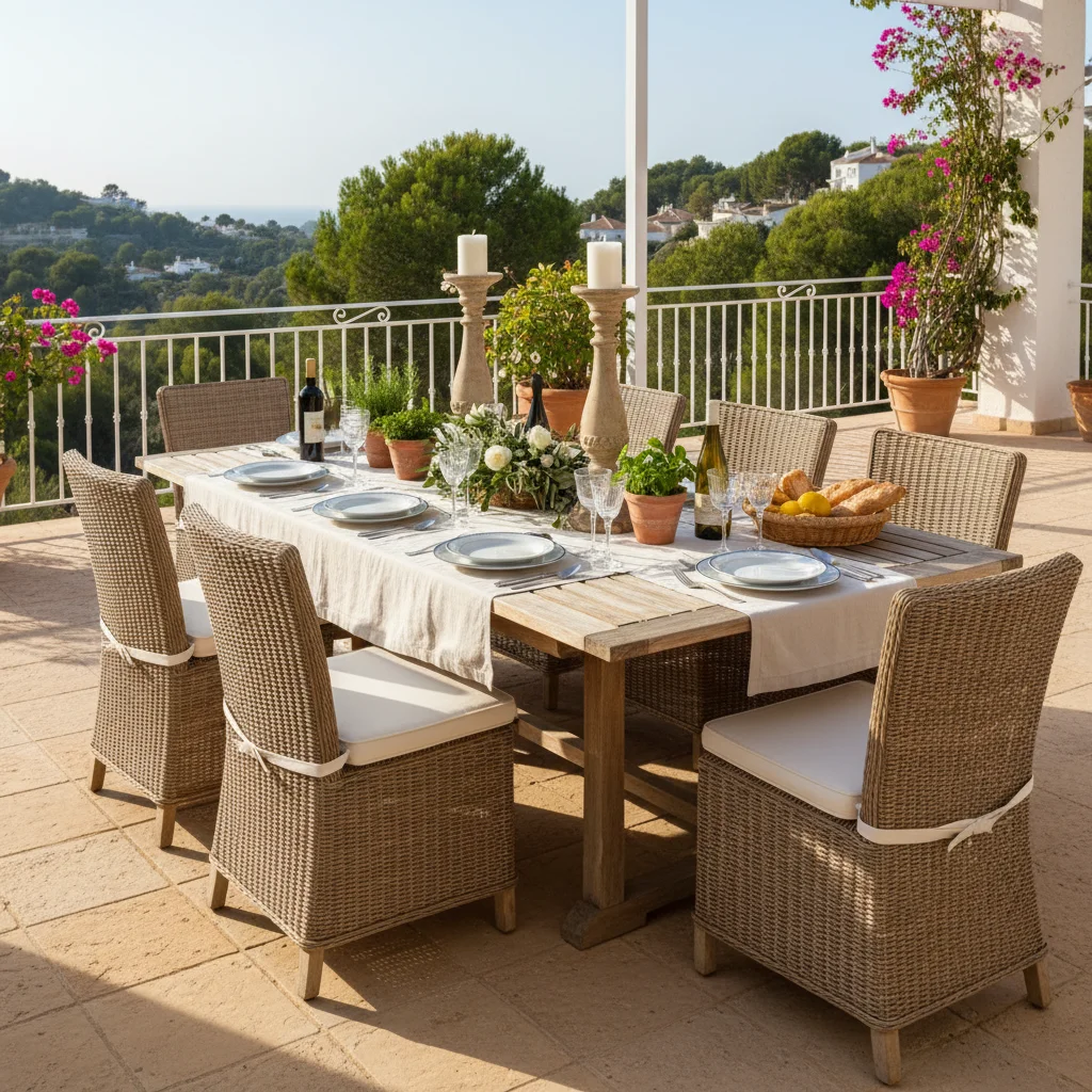 Instalación de conjuntos de comedor exterior en una terraza mediterránea en Rojales, Costa Blanca