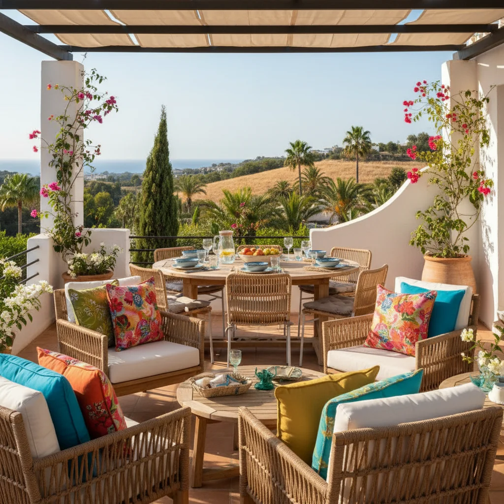 Outdoor-Kissen & Textilien-Einrichtung auf einer mediterranen Terrasse in Rojales, Costa Blanca