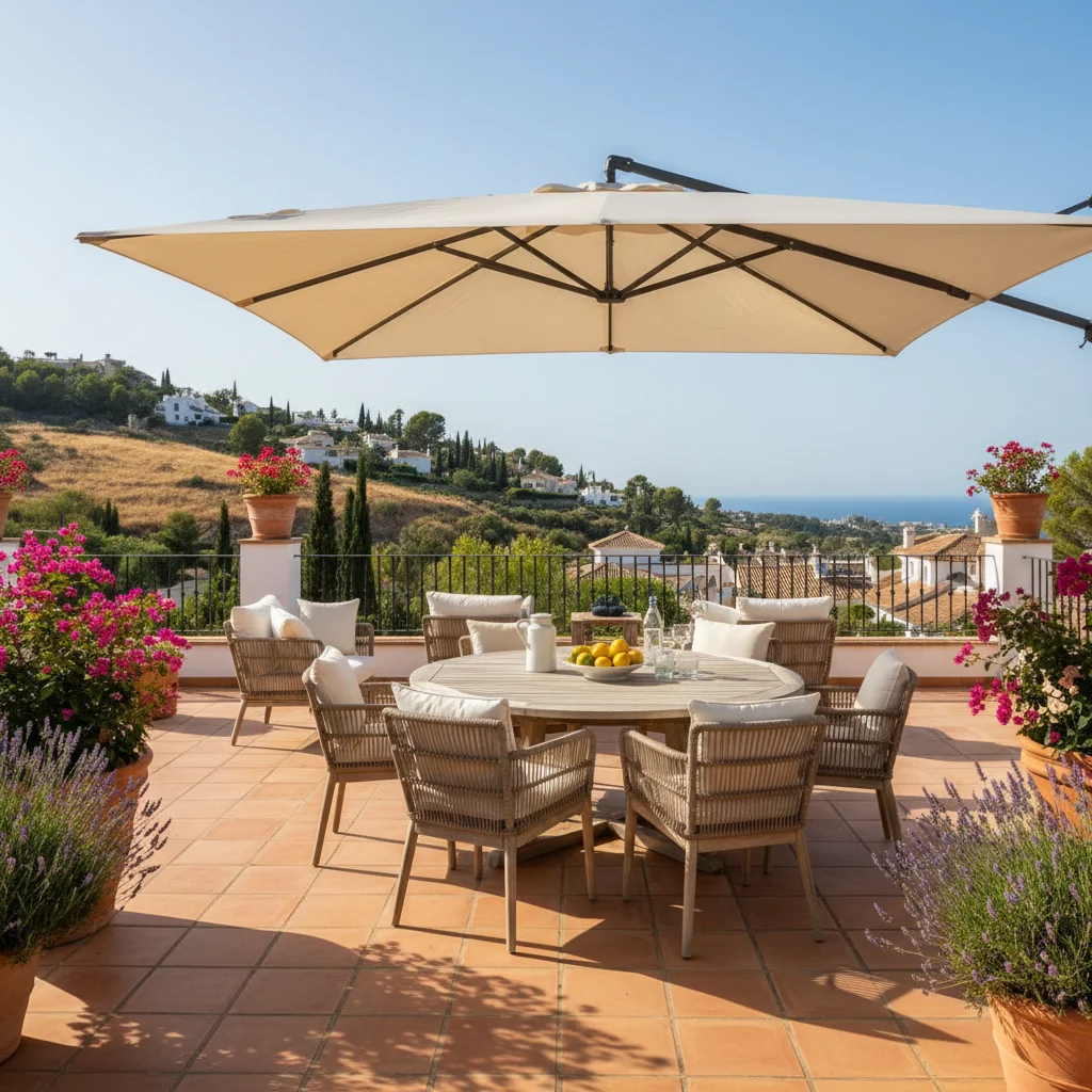 Instalación de sombrillas y parasoles en una terraza mediterránea en Rojales, Costa Blanca