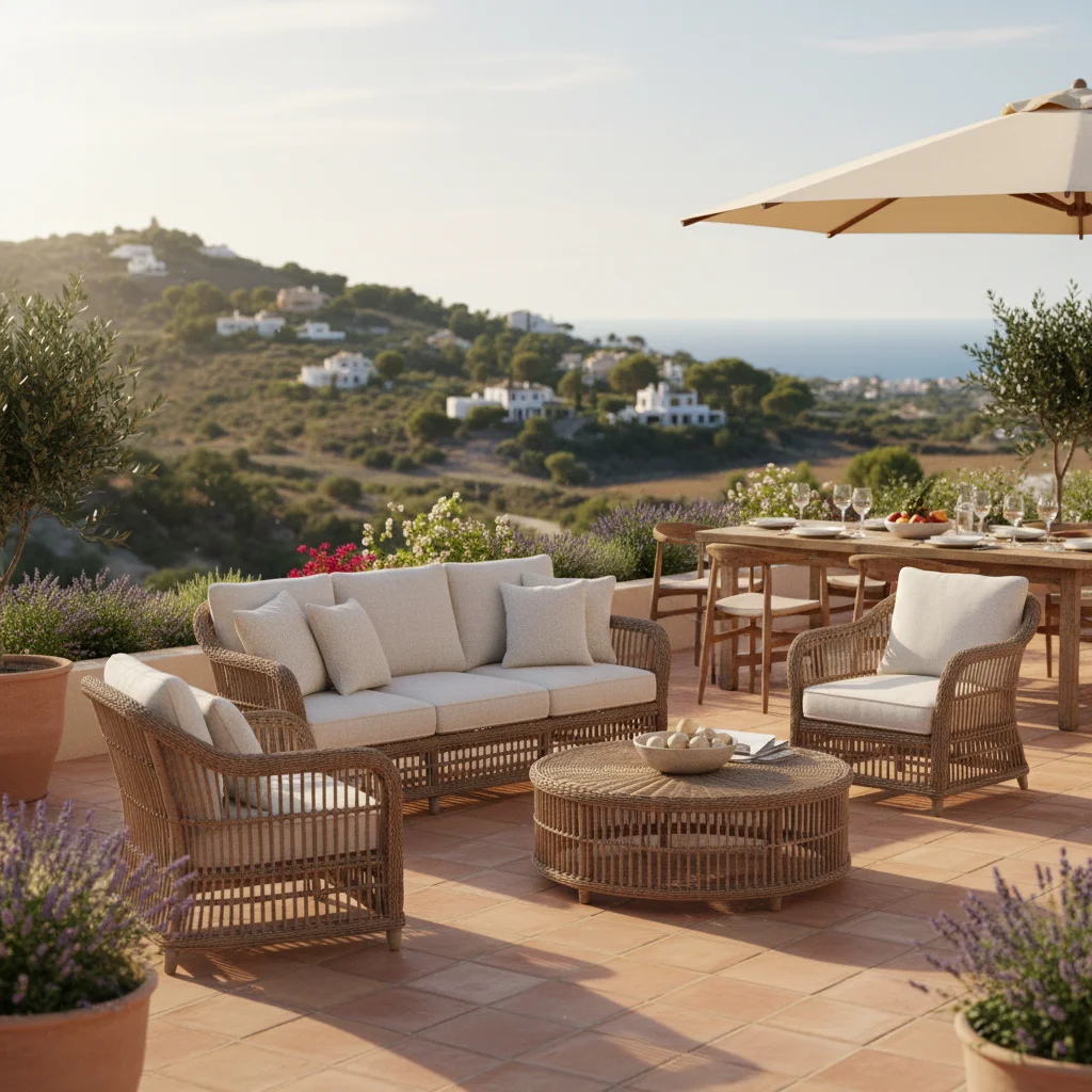 Instalación de conjuntos lounge de ratán en una terraza mediterránea en Rojales, Costa Blanca